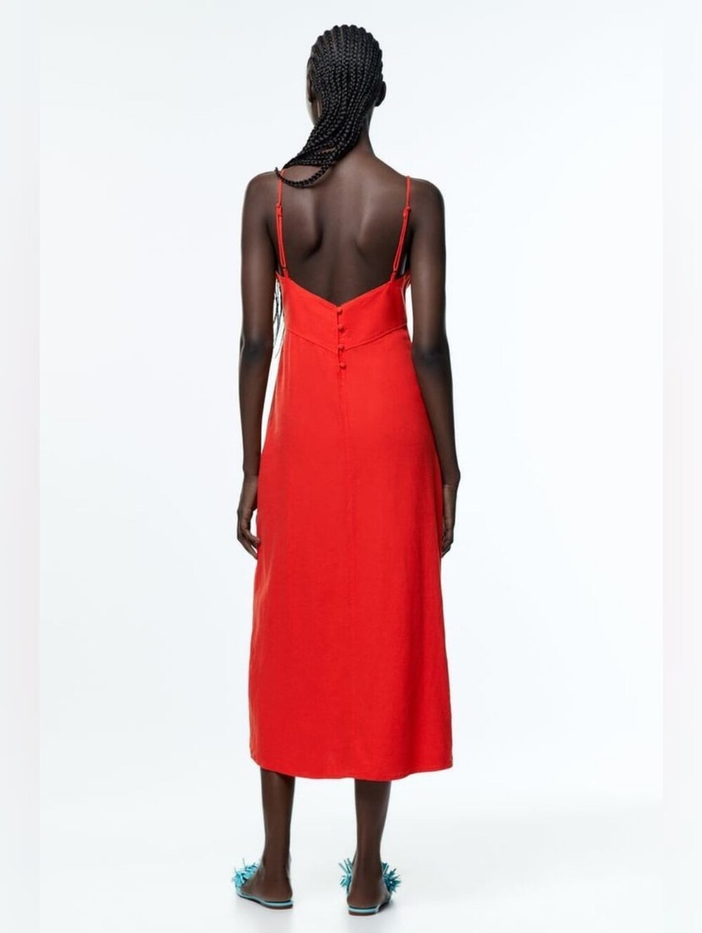 Zara Linen Blend Camisole Midi Slip Dress Orange Red Buttons Sz M Fall Capsule - Picture 2 of 11